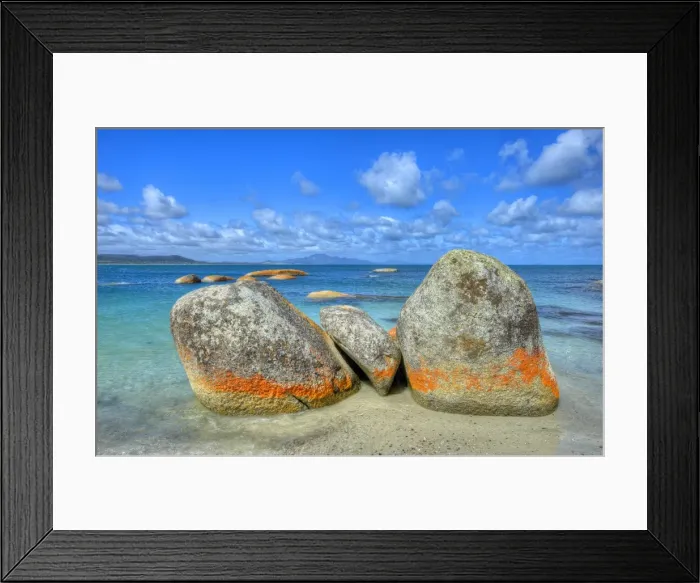 Framed Print : Red coloured boulders at Sawyers bay, caused by lichen growing at the high tide mark on Flinders Island, Bass Strait, Tasmania, Australia Framed Print : Red coloured boulders at Sawyers bay, caused by lichen growing at the high tide mark on Flinders Island, Bass Strait, Tasmania, Australia