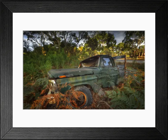 Framed Print : Derelict old Ford Pick-up lying on the roadside on King Island, Bass Strait, Tasmania, Australia