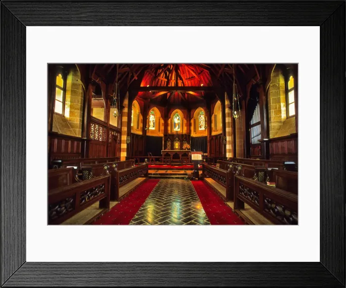 Framed Print : The historic Saint Barnabas Chapel interior, with its cedar timber-work and beautiful tiled floor, Norfolk Island