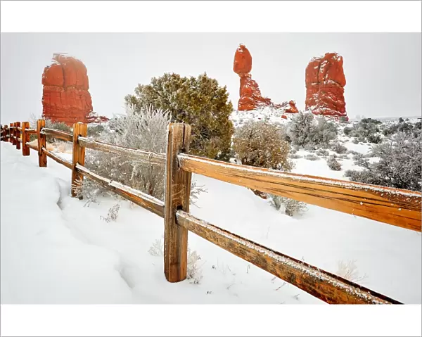 A winter covering of snow in the Arches National Park, Utah