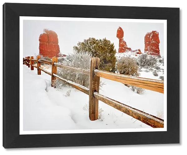 A winter covering of snow in the Arches National Park, Utah