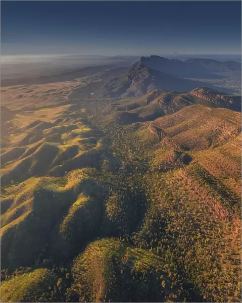 An aerial view of the rugged and scenically beautiful mountain ranges of Wilpena Pound in the southern region of the Flinders Ranges National Park in South Australia