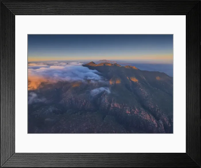 Framed Print : An aerial view of the rugged and scenically beautiful mountain ranges of Wilpena Pound in the southern region of the Flinders Ranges National Park in South Australia
