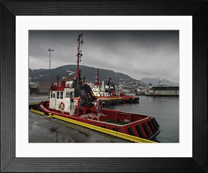 Framed Print : Tugboat moored at the Bergen Wharf, Norway Framed Print : Tugboat moored at the Bergen Wharf, Norway
