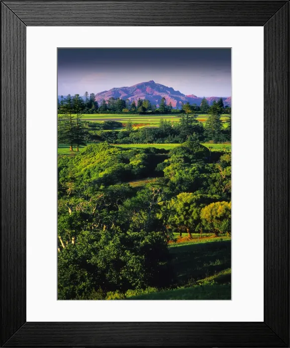 Framed Print : A view across the aircraft runway of Norfolk Island to the distant hills of Phillip Island