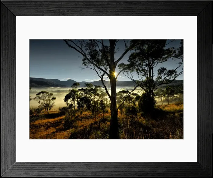 Framed Print : Winters morning with mist rising at dawn in the Huon Valley in southern Tasmania
