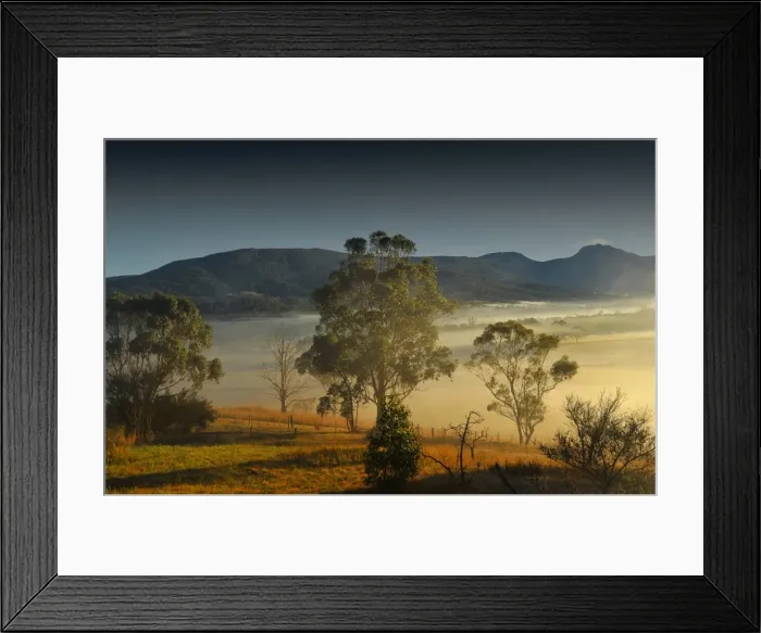 Framed Print : Winters morning with mist rising at dawn in the Huon Valley in southern Tasmania