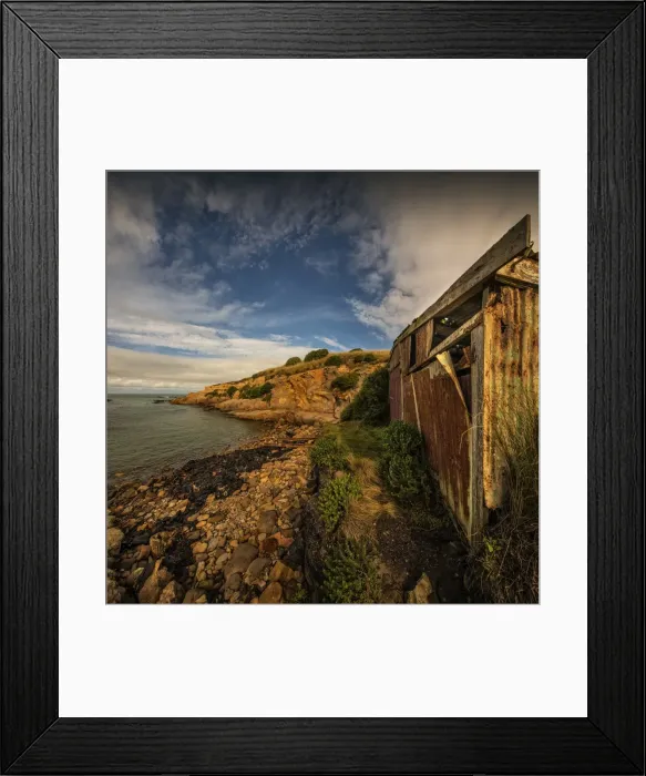 Framed Print : Derelict boat-shed on the coastline at Hillgrove, New Zealand, south island