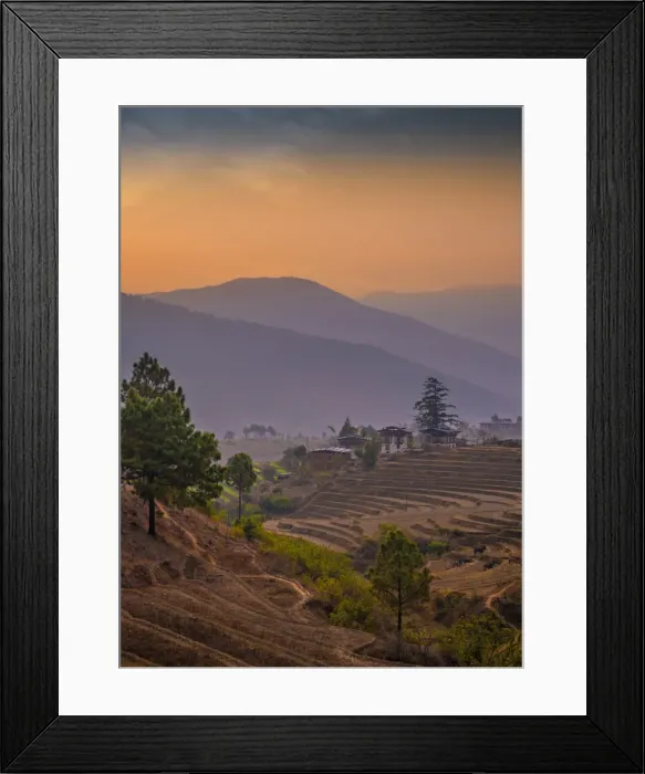 Framed Print : A dawn sky lights up the Punakha valley in Bhutan Framed Print : A dawn sky lights up the Punakha valley in Bhutan