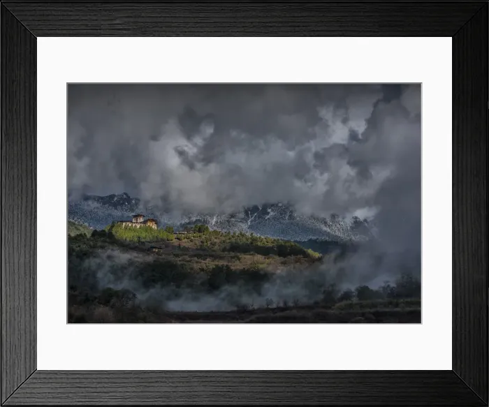 Framed Print : High up in the mountainous region of Jigme Dorji National park is Gasa Dzong, in Northern Bhutan