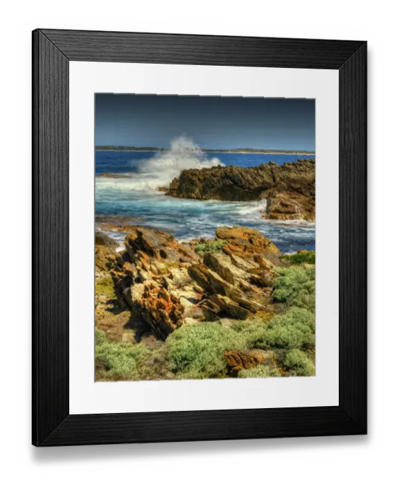 Framed Print : Seal bay, isolated, and extremely rugged and rocky coastline, is magnificent in winter as huge waves pound the coast. King Island, Bass Strait, Tasmania
