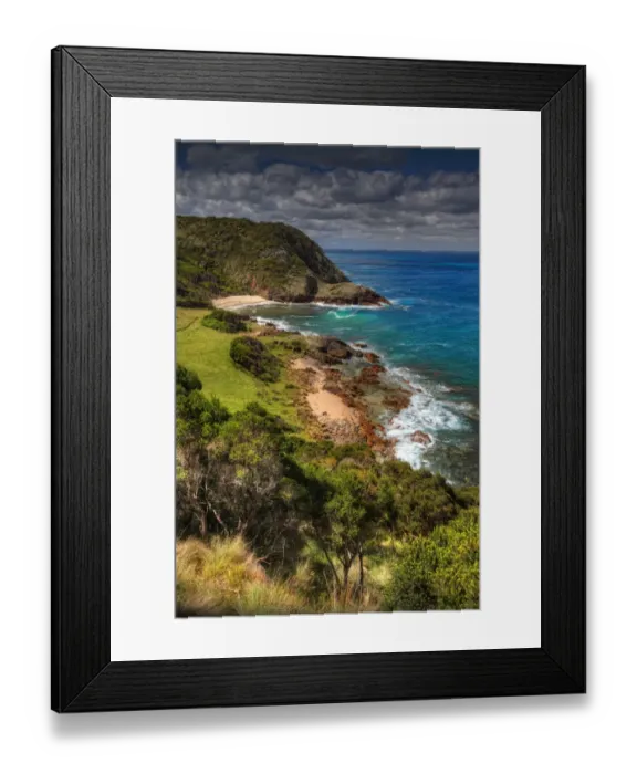 Framed Print : Coastal views near the Wall, an area so named because of its steepness, extreme difficulty and sheer hardship to land boats in the early colonial days. East coast of King Island, Bass Strait, Tasmania