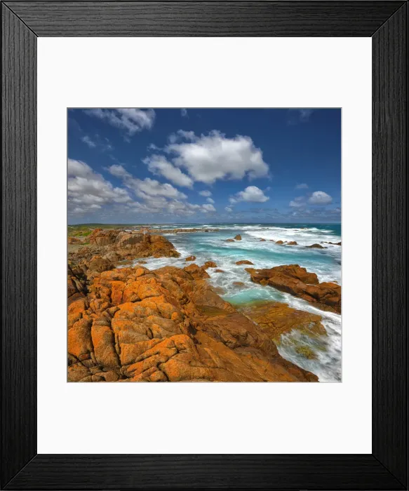 Framed Print : Half moon bay on the West coastline of King Island, has large rock-pools and magnificent red coloured lichen boulders of pink granite. Bass Strait, Tasmania Framed Print : Half moon bay on the West coastline of King Island, has large rock-pools and magnificent red coloured lichen boulders of pink granite. Bass Strait, Tasmania