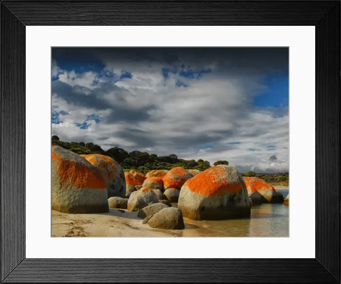 Framed Print : Coastline near Sawyers bay in an area called Lillies beach, which has beautiful lichen coloured boulders, Flinders Island, Bass Strait, Tasmania Framed Print : Coastline near Sawyers bay in an area called Lillies beach, which has beautiful lichen coloured boulders, Flinders Island, Bass Strait, Tasmania