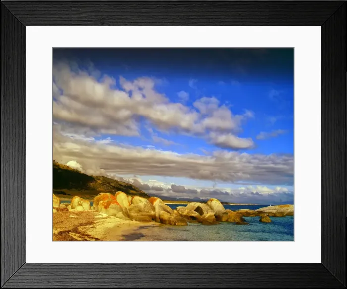 Framed Print : Coastline near Sawyers bay in an area called Lillies beach, which has beautiful lichen coloured boulders, Flinders Island, Bass Strait, Tasmania