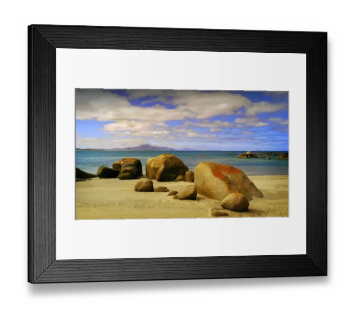 Framed Print : Coastline near Sawyers bay in an area called Lillies beach, which has beautiful lichen coloured boulders, Flinders Island, Bass Strait, Tasmania
