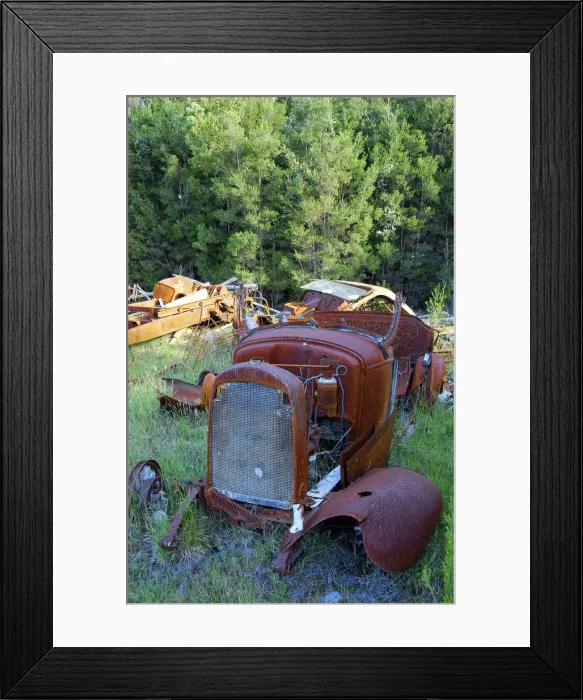 Framed Print : Rusting derelict old car parts in a farmyard, Flinders Island, Tasmania