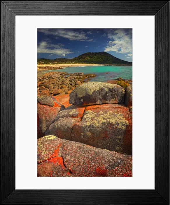 Framed Print : Coastline near Sawyers bay in an area called Lillies beach, which has beautiful lichen coloured boulders, Flinders Island, Bass Strait, Tasmania