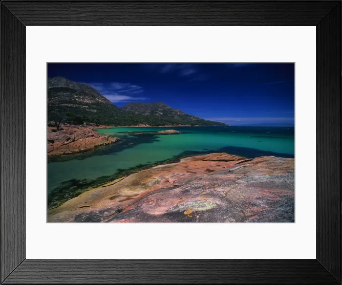 Framed Print : The beautiful aqua waters of honeymoon Bay on the Freycinet Peninsular, East coast of Tasmania Framed Print : The beautiful aqua waters of honeymoon Bay on the Freycinet Peninsular, East coast of Tasmania