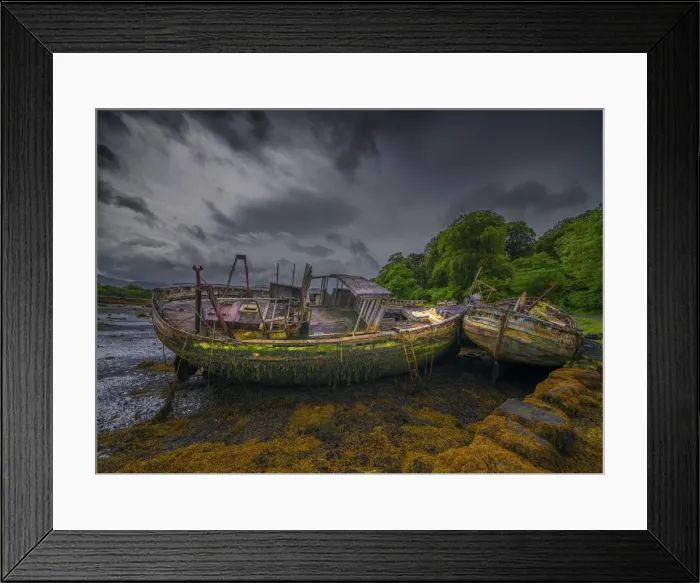 Framed Print : Derelict old fishing trawlers, moored along an old stone wharf on the Isle of Mull, Inner Hebrides, Scotland Framed Print : Derelict old fishing trawlers, moored along an old stone wharf on the Isle of Mull, Inner Hebrides, Scotland