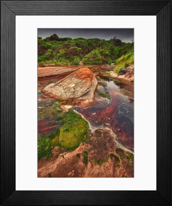 Framed Print : Tannin infused creek meandering its way onto the beach at Disappointment bay, King Island Tasmania