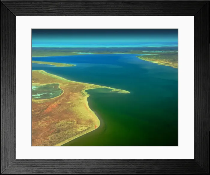 Framed Print : An Aerial view of the Australian outback in flood around Lake Eyre, showing the vibrant colours of the Landscape Framed Print : An Aerial view of the Australian outback in flood around Lake Eyre, showing the vibrant colours of the Landscape