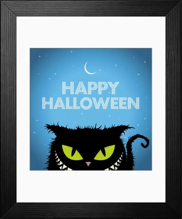 Framed Print : Happy Halloween Black Cat with evil smile