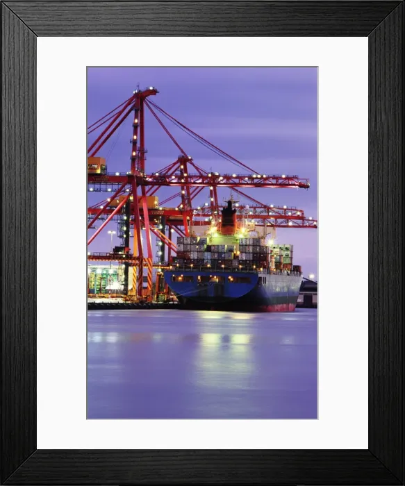 Framed Print : Australia, Victoria, Melbourne, container ship in shipyard, twilight