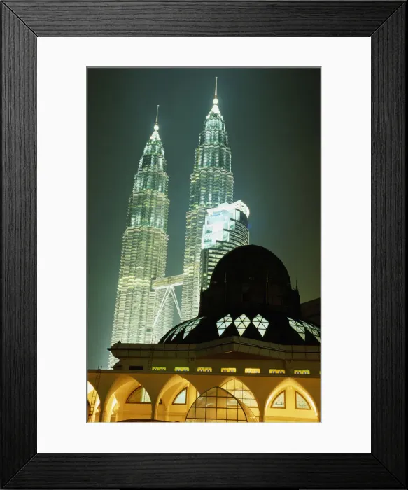 Framed Print : Malaysia, Kuala Lumpur, Petronas Towers, mosque in foreground, night Framed Print : Malaysia, Kuala Lumpur, Petronas Towers, mosque in foreground, night
