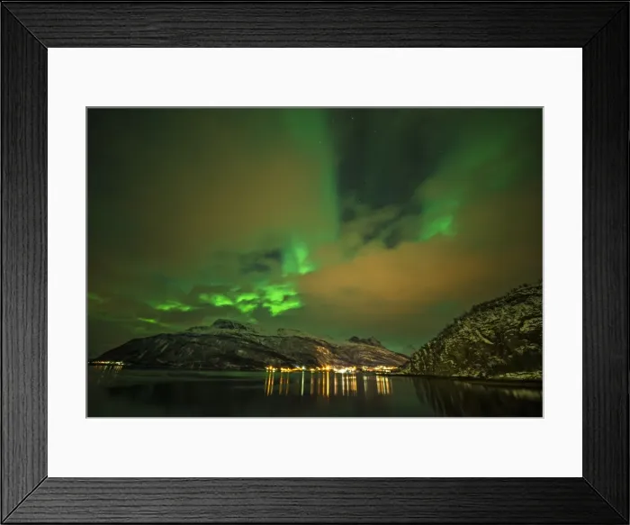 Framed Print : A snowy scene at Grotfjord in the winter at night with the Aurora Borealis, arctic circle of Norway Framed Print : A snowy scene at Grotfjord in the winter at night with the Aurora Borealis, arctic circle of Norway