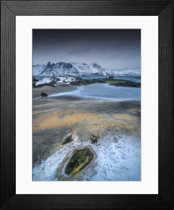 Framed Print : Gimsoya and coastline, Lofoten, Arctic circle of Norway Framed Print : Gimsoya and coastline, Lofoten, Arctic circle of Norway