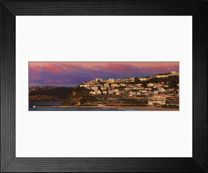 Framed Print : Merewether beach with houses on cliff Framed Print : Merewether beach with houses on cliff