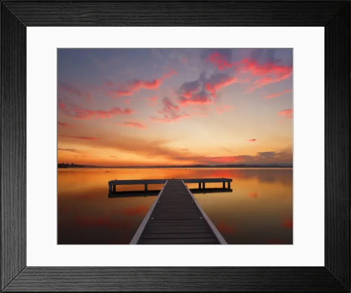 Framed Print : jetty with sunset at lake