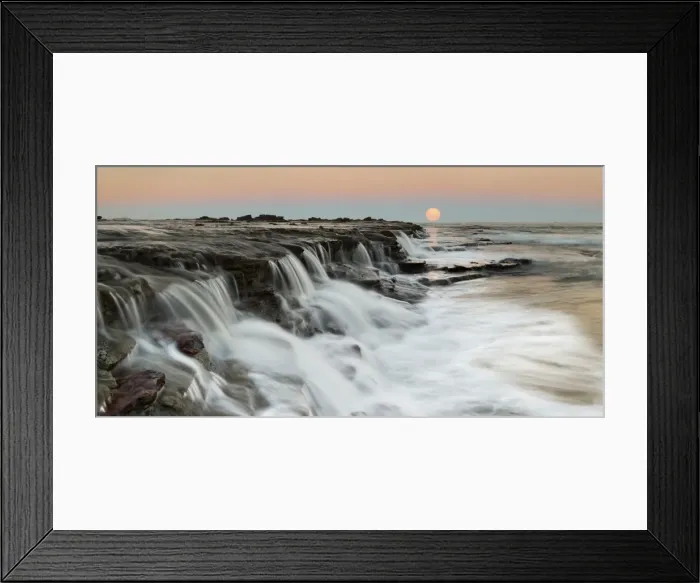 Framed Print : Moon rising over seascape waterfall