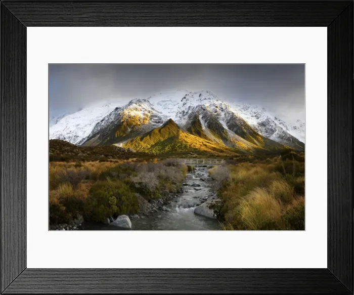 Framed Print : River bridge snow mountains sunshine Framed Print : River bridge snow mountains sunshine