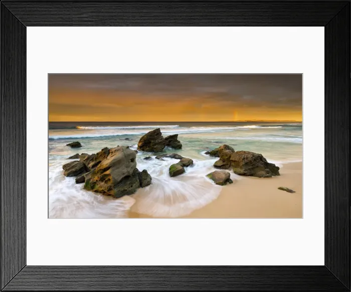 Framed Print : Beach sunrise rainbow