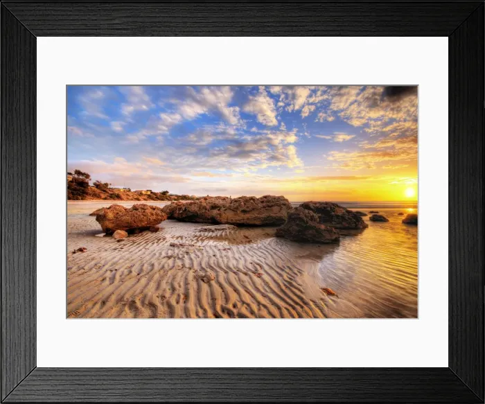 Framed Print : Sunset with Big Rocks and Sand Patterns at the Beach Framed Print : Sunset with Big Rocks and Sand Patterns at the Beach