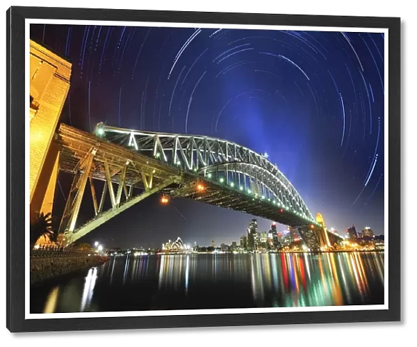 Star trails over Sydney Harbour bridge and Opera House