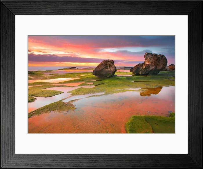 Framed Print : Grean moss on rocks and reflection of red sunrise Framed Print : Grean moss on rocks and reflection of red sunrise