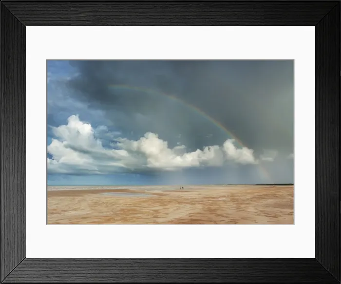Framed Print : Rainbow over Lee Point Beach walkers
