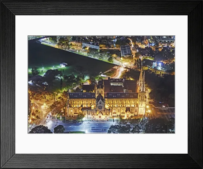 Framed Print : Aerial view of St Marys Cathedral at night