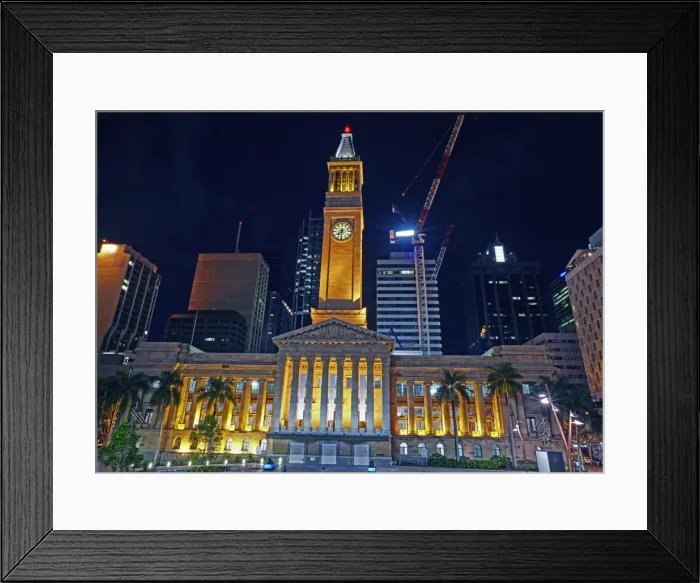 Framed Print : Facade of Brisbanes City hall illuminated at night