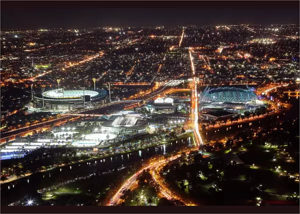 Aerial view of sports venues in Melbourne illuminated at night