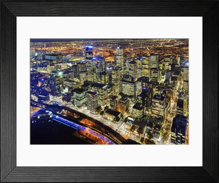 Framed Print : Elevated view of the Centre and docklands illuminated at night Framed Print : Elevated view of the Centre and docklands illuminated at night