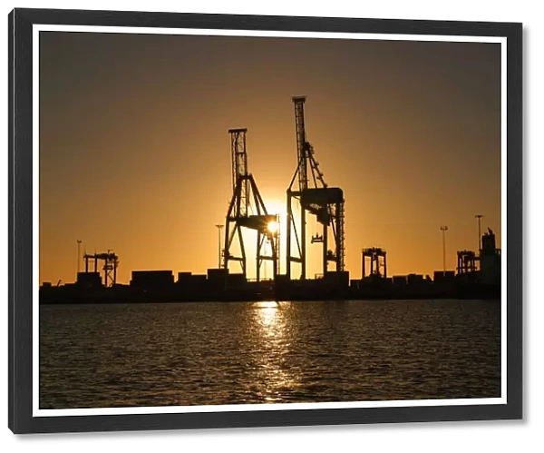 Port Cranes Against Sunset