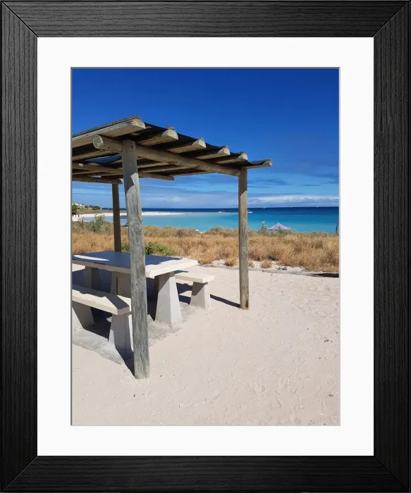 Framed Print : Coral Bay Beach and sunshades Framed Print : Coral Bay Beach and sunshades