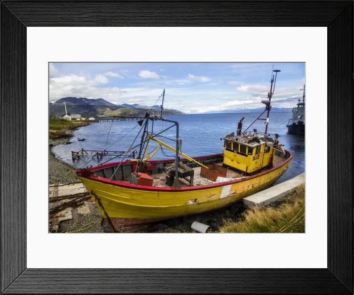 Framed Print : An Old Boat Docked Outside the Harbour of Maritime Museum of Ushuaia (Museo Maritimo y del Presidio), Tierra Del Fuego Province, Ushuaia, Argentina, South America