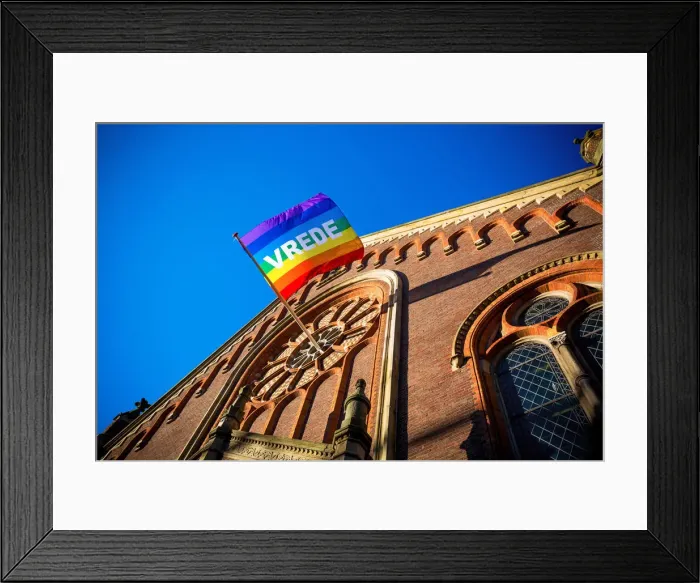 Framed Print : Vrede (PEACE) Words on LGBT Flag Outside a Church, Hague, Netherlands