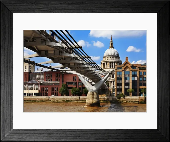 Framed Print : View of St Pauls Cathedral and the Millennium Bridge at River Thames, London, England Framed Print : View of St Pauls Cathedral and the Millennium Bridge at River Thames, London, England