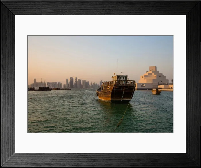 Framed Print : View of Doha Skyline Along Doha Bay With Traditional Dhow in the Foreground and Museum of Islamic Art on the Right, Doha, Qatar